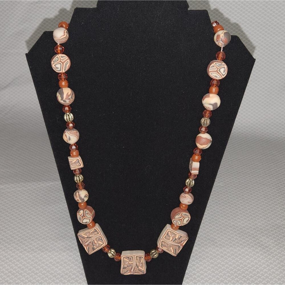 Handcrafted Clay Bead Necklace Terra Cotta Earth Tones Brown Beige Boho Tribal